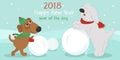 Christmas card. Dogs with snowball.