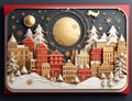Christmas card with Dutch houses and gold moon