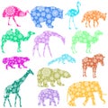 Christmas card elephant, giraffe, bear, flamingo, zebra, camel, hyena in snowflakes on a white background