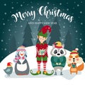 Christmas card with elf and wild animals