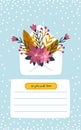 Christmas card envelope with winter flowers and branches. Template for text. Cute vector illustration in a hand-drawn Scandinavian