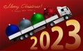 Christmas card. A European truck with a semitrailer carries gifts for Christmas and New Year