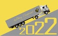Christmas card. A European truck with a semitrailer carries gifts for Christmas and New Year. 2022