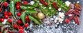 Christmas card of evergreen branches, red leaves, berry with snow and gold ball, panorama Royalty Free Stock Photo