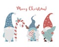 Christmas card family of gnomes. Cute scandinavian gnome girl with lollipop, New year gnome man with Christmas tree and