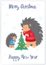 Christmas card with a family of hedgehogs