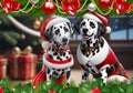 Christmas card featuring a Dalmatian couple in Christmas clothes on a Christmas background Royalty Free Stock Photo