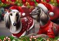 Christmas card featuring a pair of Afghan Greyhounds in Christmas clothes on a Christmas background