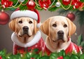 Christmas card featuring a pair of Labrador Retrievers in Christmas clothes on a Christmas background Royalty Free Stock Photo