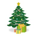 Christmas card with a festive Christmas tree and gifts under it. Royalty Free Stock Photo