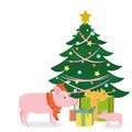 Christmas card with a festive tree and mother-pig that opens poadrki for your child