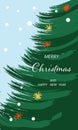 Christmas card with fir tree and balls. The inscription Happy New Year holidays on the background of a Christmas tree Royalty Free Stock Photo