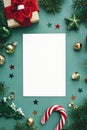 Christmas card flat lay. Modern greeting card mock up with stylish christmas decorations and ornaments on green background. Empty Royalty Free Stock Photo