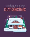 Christmas Card with Forest Winter House by Night Royalty Free Stock Photo