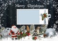 Christmas card with frame, Santa Claus, pine branches and Christmas decorations