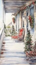 Christmas card with the front door of the house and the porch. Watercolor illustration, new year poster, old house Royalty Free Stock Photo