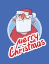 Christmas card with funny spaced-out Santa Claus. Santa Claus got wasted. Lettering on blue background. Round design