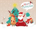 Christmas card with funny cartoon characters. A snowman with a bucket, Santa on a sack with gifts, a deer in a scarf and mittens,