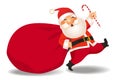 Christmas card, funny cartoon Santa Claus with big red bag with gifts. Santa has arrived, red santa hat for christmas and new year