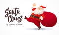 Christmas card. Funny cartoon Santa Claus with huge red bag with presents. Hand drawn text - Santa Claus is coming to Royalty Free Stock Photo