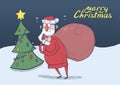 Christmas card of funny confused Santa Claus with big bag in front of decorated Christmas tree in the night. Santa looks