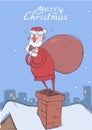 Christmas card of funny confused Santa Claus with big bag of gifts on a chimney in snowy city. Santa looks embarrassed Royalty Free Stock Photo