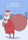 Christmas card of funny confused Santa Claus with big bag of gifts on evening snowy city background. Santa looks