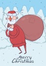 Christmas card of funny confused Santa Claus with big bag of gifts in snowy spruce forest. Santa looks lost and Royalty Free Stock Photo