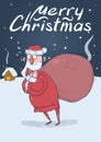 Christmas card with funny confused Santa Claus with big bag in the snowy night in front of festive houses. Santa looks