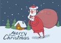 Christmas card of funny confused Santa Claus with big bag in the snowy night in front of spruce trees and festive house