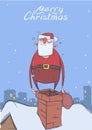 Christmas card of funny drunk Santa Claus with a bag on a chimney in snowy city. Happy Santa Claus got wasted. Vertical Royalty Free Stock Photo