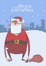 Christmas card of funny drunk Santa Claus with a bag on evening snowy city background. Happy Santa Claus got wasted Royalty Free Stock Photo