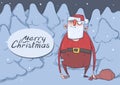 Christmas card of funny drunk Santa Claus with a bag in the night snowy spruce forest. Wasted Santa Claus got lost Royalty Free Stock Photo