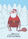 Christmas card of funny drunk Santa Claus with a bag in snowy spruce forest Royalty Free Stock Photo