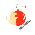 Christmas card with funny mouse on a holiday ball Royalty Free Stock Photo