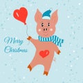 Christmas card. Funny pig with heart balloon on blue snow background illustration drawn by hand. Digital painting Royalty Free Stock Photo