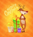 Christmas card with funny reindeer and some gifts. Deer character design. Cartoon style vector illustration.