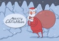 Christmas card of funny Santa Claus with big bag of gifts Royalty Free Stock Photo