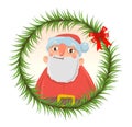 Christmas card with funny Santa Claus in round frame of fir branches. Royalty Free Stock Photo
