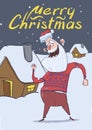 Christmas card of funny Santa Claus smiling and dancing by festive houses in the snowy night. Santa in deer sweater
