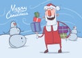 Christmas card of funny smiling Santa Claus. Santa brings presents in colorful boxes past snowmen. Frosty windy weather Royalty Free Stock Photo