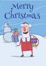 Christmas card of funny smiling Santa Claus. Santa brings presents in colorful boxes past snowman. Frosty windy weather Royalty Free Stock Photo