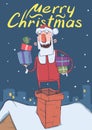Christmas card with funny smiling Santa Claus. Santa with presents in the boxes up on a chimney on snowy night city Royalty Free Stock Photo