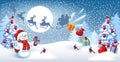 Snowman in Santa cap with gift boxes against winter forest background and Santa Claus in sleigh with reindeer team flying in the Royalty Free Stock Photo