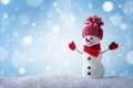 Christmas card with funny snowman in winter scenery. Snowy background Royalty Free Stock Photo