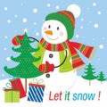 Christmas card design with cute snowman and christmas tree Royalty Free Stock Photo