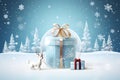 Christmas card, gift bag or box design with snowman and reindeer on the snow globe Royalty Free Stock Photo