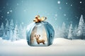 Christmas card, gift bag or box design with snowman and reindeer on the snow globe Royalty Free Stock Photo