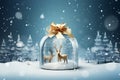 Christmas card, gift bag or box design with snowman and reindeer on the snow globe Royalty Free Stock Photo