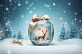 Christmas card, gift bag or box design with snowman and reindeer on the snow globe Royalty Free Stock Photo